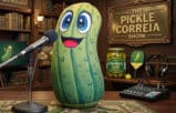 A giant cartoon pickle mascot in a podcast studio law firm communications