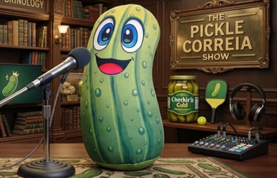 A giant cartoon pickle mascot in a podcast studio law firm communications