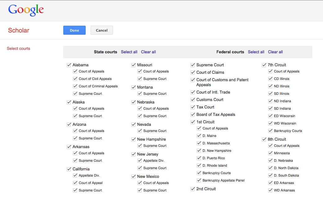 Google Scholar Court Selection