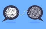 Two speech bubbles showing a tangled knot of lines transforming into a neat, organized pattern.