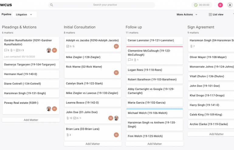 Lawcus Product Review Matter Dashboard