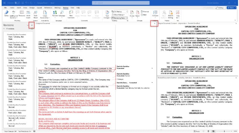 redline view, redline legal documents