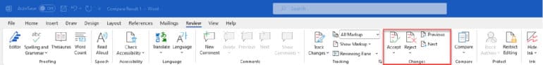 accept or reject in the Word review ribbon