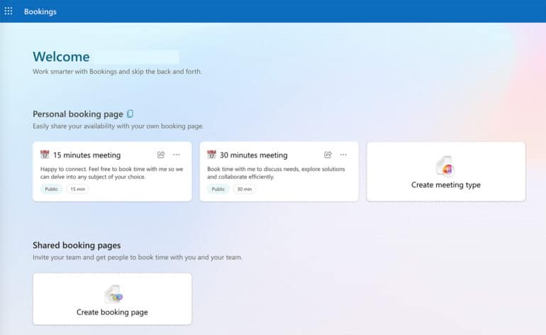 Microsoft 365 Bookings App Welcome Page