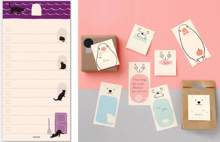 Be a Powerful Post-it Note Professional 5 Midori sticky notes with black cats and animal illustrations.