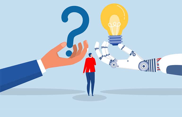 Questions about legal AI tools, represented by image of human hand and robotic hand