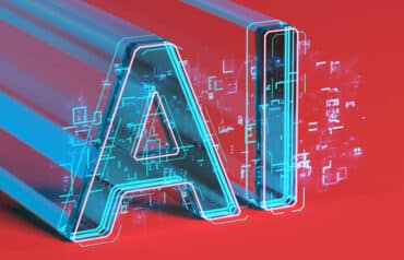 3D glass letters spelling "AI" with blue digital glow effects, symbolizing Artificial Intelligence technology and legal tech.