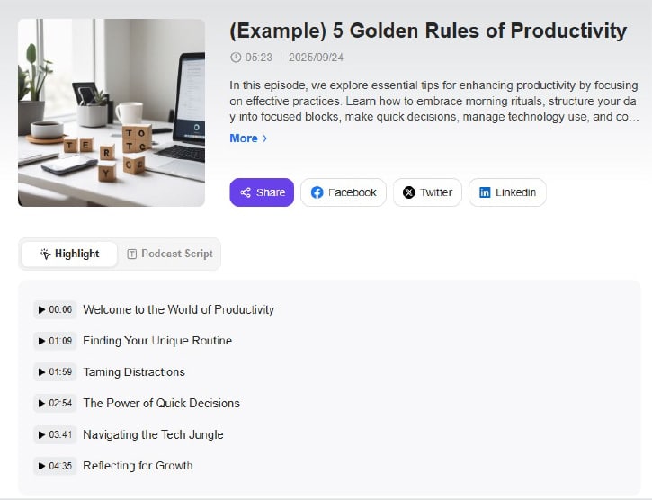 Screenshot of Monica Podcast example output