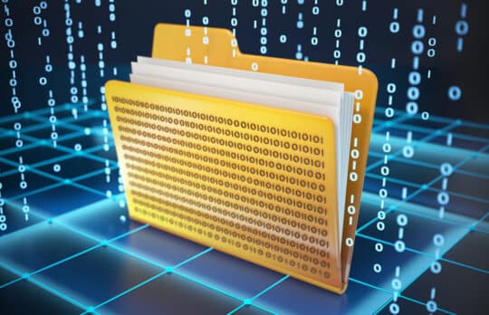 Digital file folder concept illustrating a digital binder or case file, with binary code representing data in a paperless law practice.