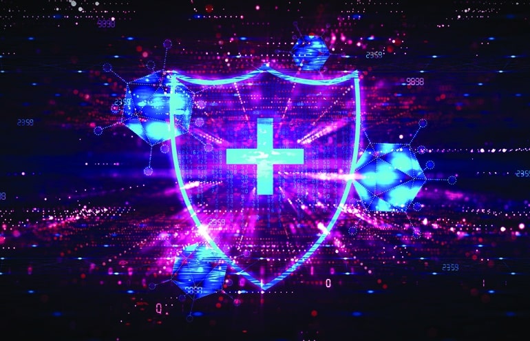 Digital security shield overlaid on a field of glowing data points, symbolizing law firm cyber resilience and data protection.