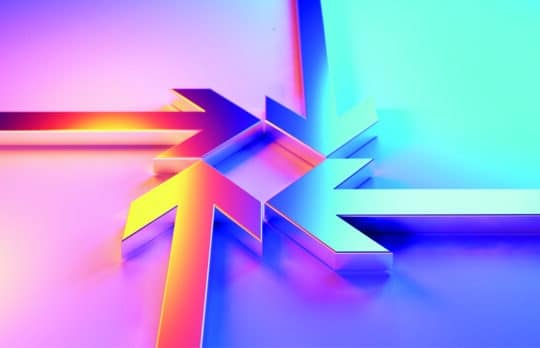 Four metallic arrows, two in warm tones and two in cool tones, pointing towards and meeting in the center, symbolizing collaboration and converging efforts.