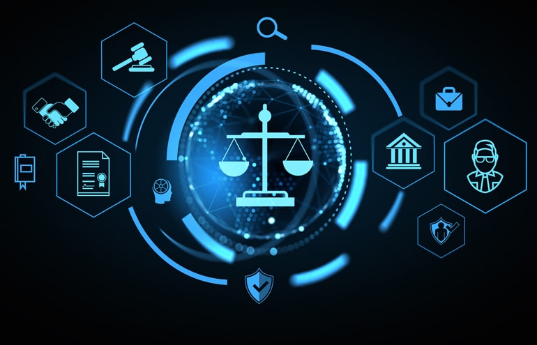 Digital graphic illustrating tech tools for solo and small-firm lawyers, featuring a glowing scale of justice surrounded by icons for contracts, negotiation, law practice, and data.
