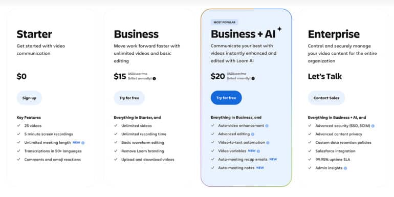 Loom video capture app's pricing grid showing starter, business, business and Business+ AI pricing as of January 2026
