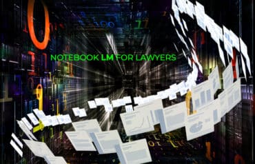 Graphic illustrating NotebookLM for lawyers analyzing case files and documents in a circle.