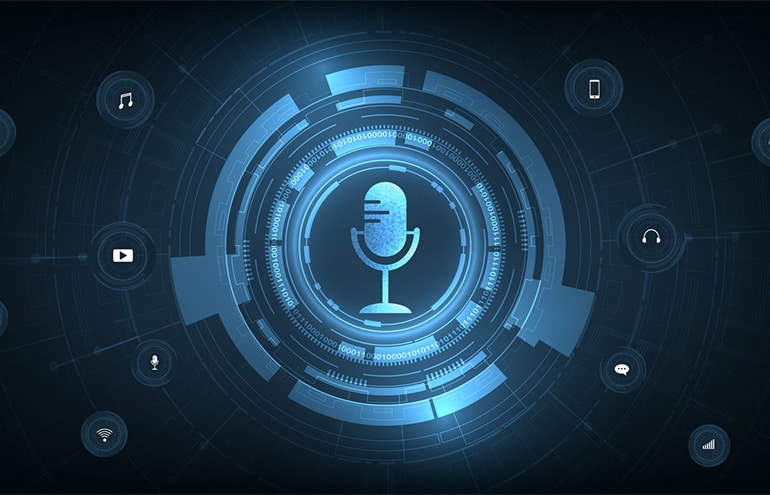 Podcasting microphone on blue background podcasting builds authority for lawyers