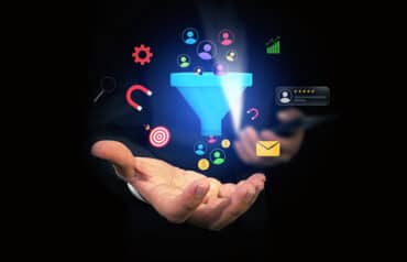 law firm lead generation hand holding blue funnel with sales and digital marketing icons surrounding