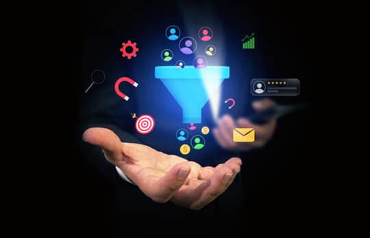 law firm lead generation hand holding blue funnel with sales and digital marketing icons surrounding