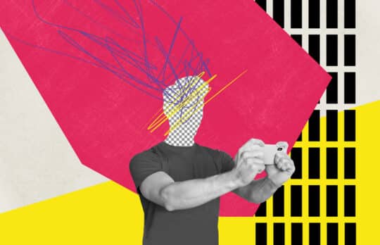 A person with a scribbled head holding a phone, illustrating social media evidence risks.