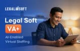 Legal Soft VA+ professional using a tablet to manage AI-enabled virtual staff workflows.