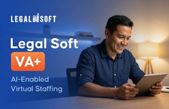 Legal Soft VA+ professional using a tablet to manage AI-enabled virtual staff workflows.
