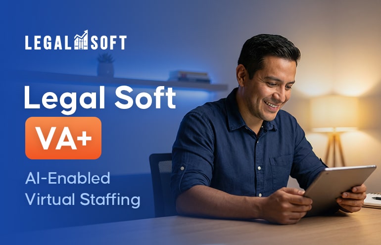 Legal Soft VA+ professional using a tablet to manage AI-enabled virtual staff workflows.