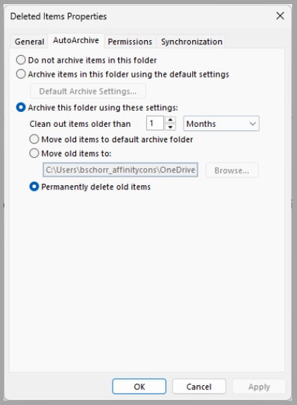 Delete Properties menu in Microsoft Outlook