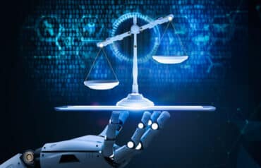 Robot hand holding scales of justice: what are lawyers still good for in the age of AI.