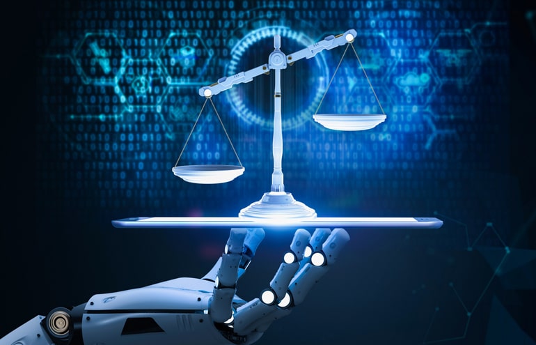 Robot hand holding scales of justice: what are lawyers still good for in the age of AI.