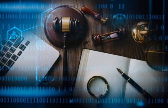AI Skills for Law Firm Workflows: binary code overlaying a gavel, laptop, and open legal book.