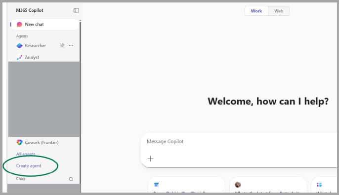 Create agent in Copilot's Agent Builder navigation pane.