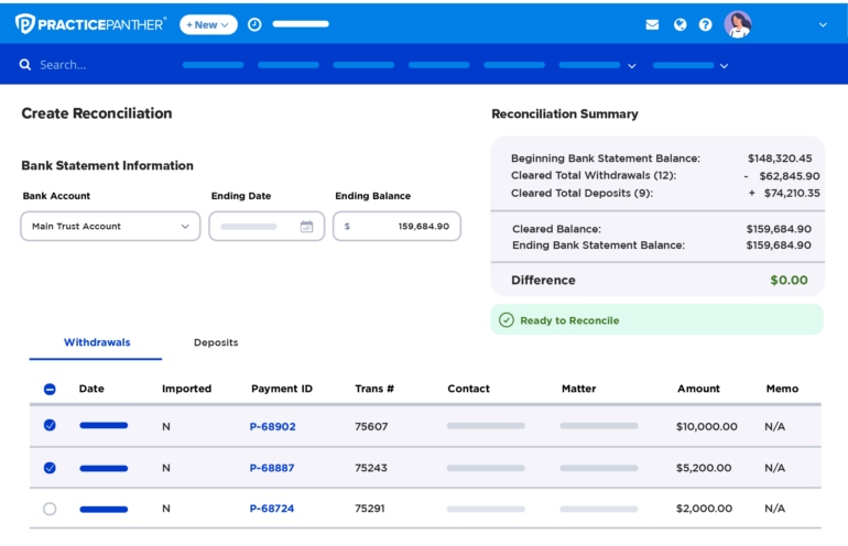 The guided three-way reconciliation wizard within PracticePanther's legal trust accounting software.