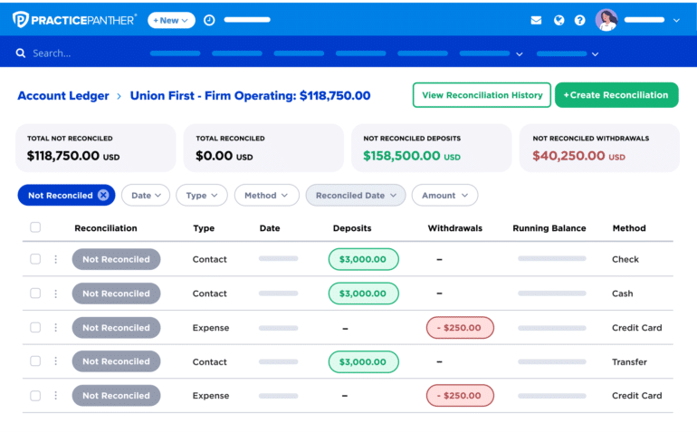 A legal-specific general ledger table showing reconciled and not reconciled transactions.