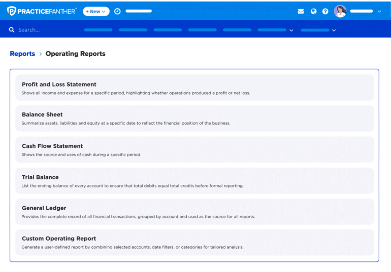 A menu of operating reports, including Profit and Loss Statement, Balance Sheet, and Trial Balance.