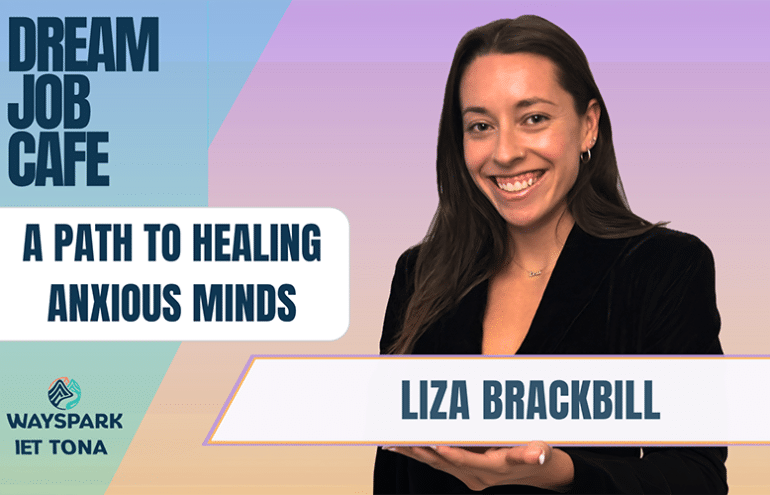 The graphic features a smiling composite image of guest Liza Brackbill in a black blazer.