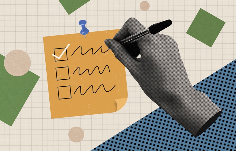 Stylized illustration of a hand writing on a pinned note pad representing an Analog Attorney productivity checklist.