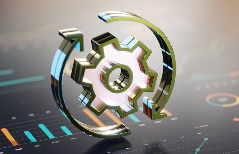 A metallic gear with circular arrows over financial charts, representing a lawyer business development system
