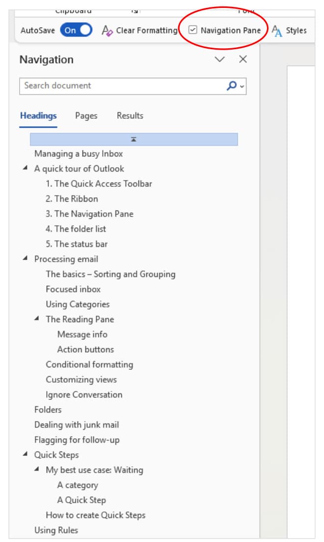 Microsoft Word Navigation panel example