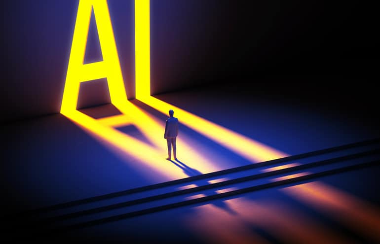 A lawyer standing in the glow of a massive AI light, representing law firm AI adoption.