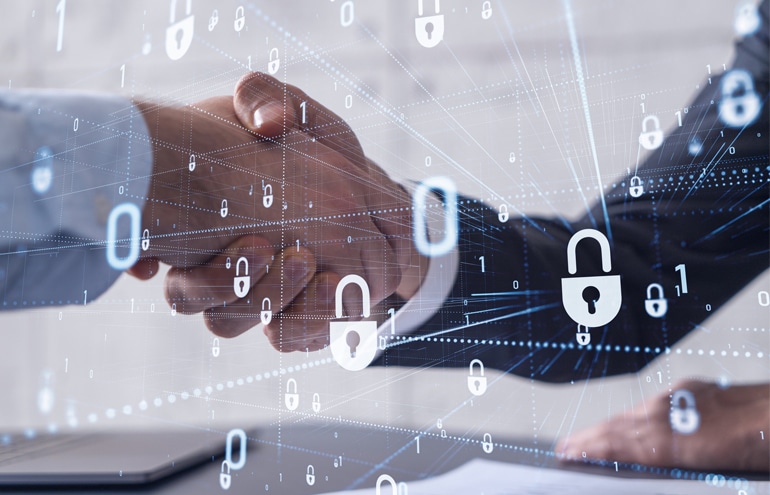 A handshake overlayed with digital padlocks and data streams representing a secure legal cybersecurity partnership.