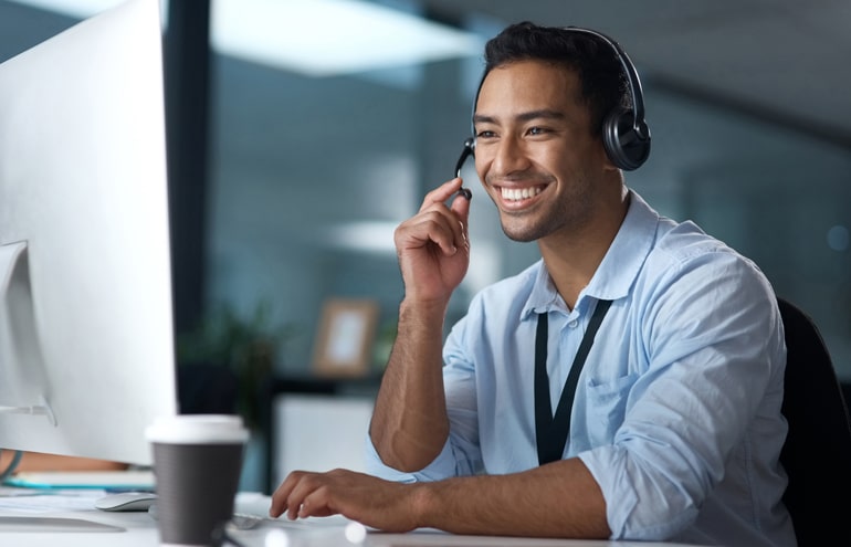 A professional receptionist managing a legal intake process for a law firm via headset.