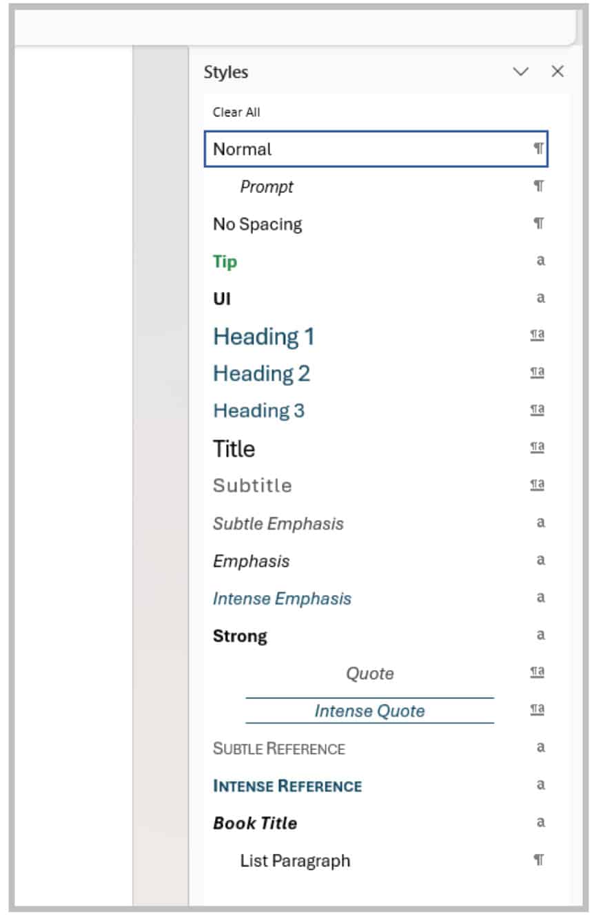 Microsoft Word Style Pane
