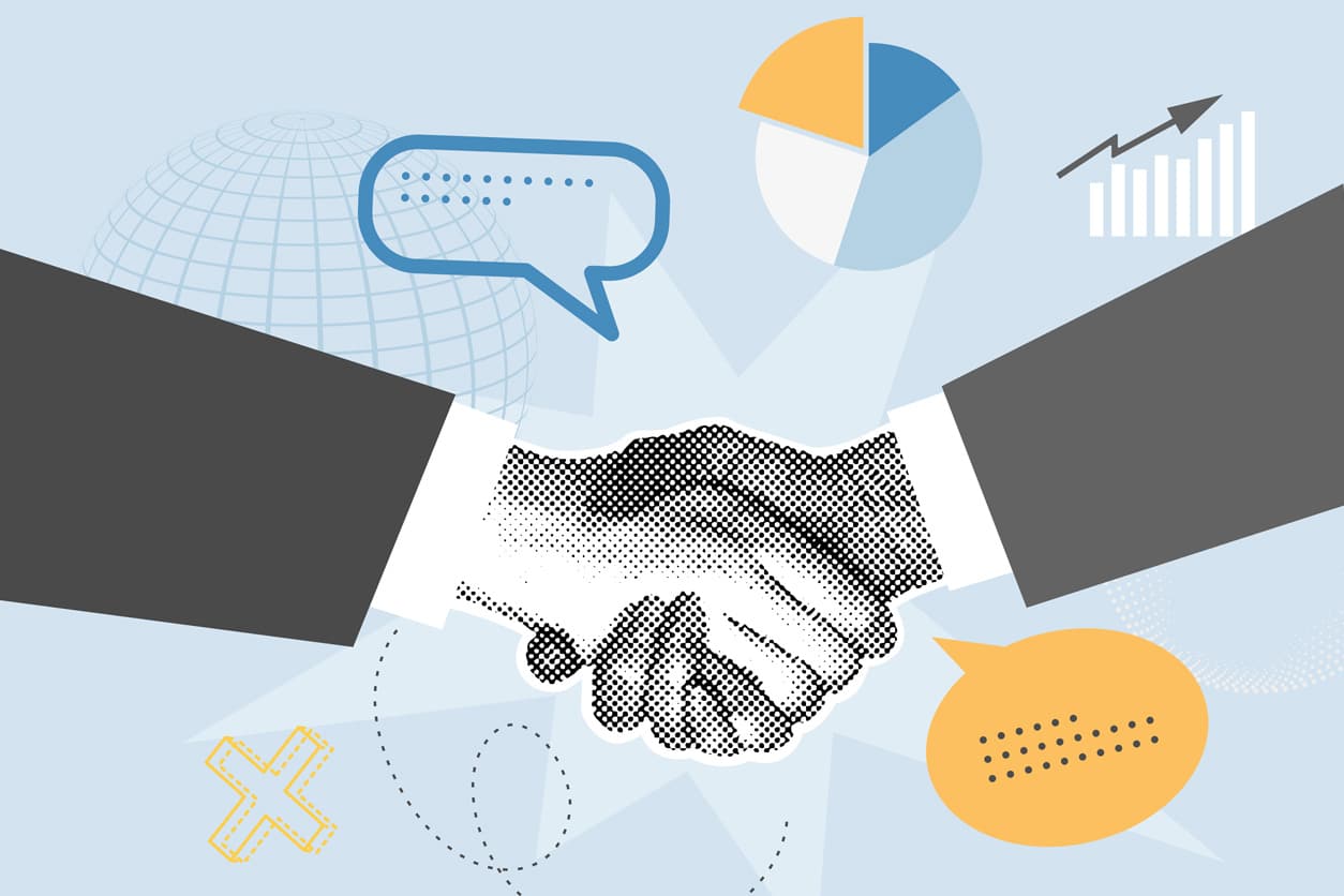 Two business people shaking hands to make a legal MSO deal with financial icons in background