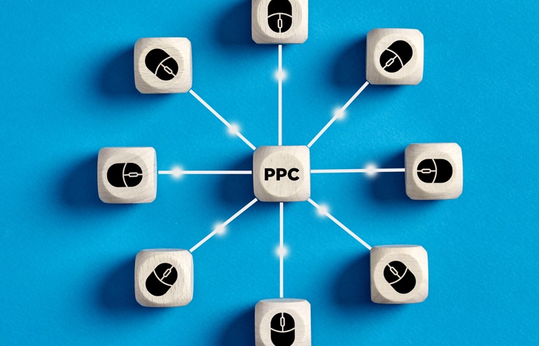 A network diagram connecting computer mice to a central block labeled law firm PPC strategy.
