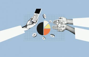 hands with pie chart, coins and calculator illustrating law firm partner compensation stragegy
