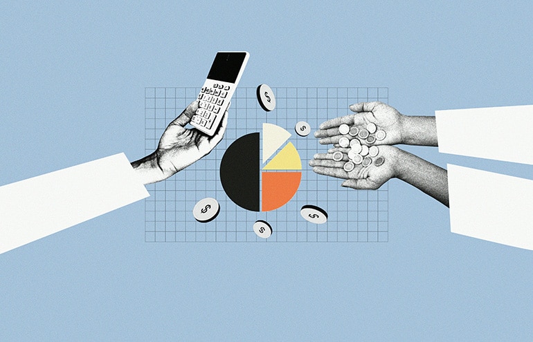 hands with pie chart, coins and calculator illustrating law firm partner compensation stragegy