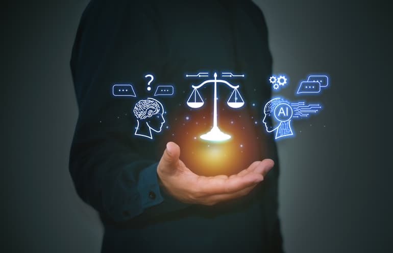 A hand holding digital icons representing human intelligence, justice scales, and AI for lawyer skills development