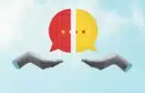 speech bubbles supported by open hands. Concept of communication support, multilingual law firm marketing and client service