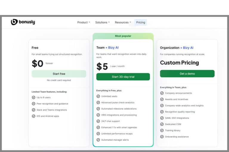 Pricing for Bonusly platform's free, team and organization tiers
