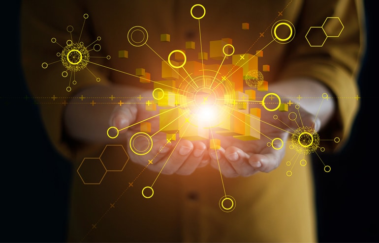 Hands holding glowing digital cubes and network nodes, representing a modern client-lawyer relationship.