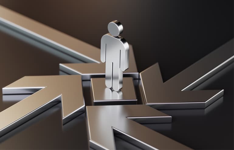 A chrome human figure stands at the center of multiple metallic arrows pointing inward, representing the decision-making and strategic direction needed when learning how to open a law firm.